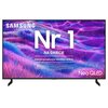 Telewizor z wyświetlaczem pokazującym kolorowe, abstrakcyjne wzory w odcieniach fioletu i niebieskiego, z widocznym tekstem: "SAMSUNG Nr 1 NA ŚWIECIE Najczęściej kupowane telewizory od 19 lat" oraz "Neo QLED".