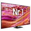 Telewizor z wyświetlaczem prezentującym kolorowe, abstrakcyjne wzory w odcieniach różu i pomarańczu, z widocznym tekstem: "SAMSUNG Nr 1 NA ŚWIECIE Najczęściej kupowane telewizory od 19 lat" oraz "Neo QLED".