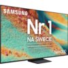 Telewizor z kolorowym, abstrakcyjnym tłem na ekranie, z widocznym tekstem: "SAMSUNG Nr 1 NA ŚWIECIE Najczęściej kupowane telewizory od 19 lat Neo QLED".