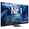 Telewizor z wyświetlaczem prezentującym abstrakcyjną grafikę w odcieniach niebieskiego i fioletowego, z widocznym logo "SAMSUNG" oraz dużym napisem "Nr 1 NA ŚWIECIE". Dodatkowy tekst informuje: "Najczęściej kupowane telewizory od 19 lat" oraz "Neo QLED 8K