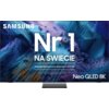 Telewizor z wyświetlaczem prezentującym abstrakcyjną grafikę w odcieniach niebieskiego i fioletowego, z widocznym tekstem: "SAMSUNG Nr1 NA ŚWIECIE Najczęściej kupowane telewizory od 19 lat Neo QLED 8K".