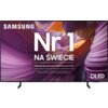 Telewizor z wyświetlaczem prezentującym abstrakcyjne, kolorowe wzory w odcieniach fioletu i pomarańczu, z widocznym tekstem: "SAMSUNG Nr 1 NA ŚWIECIE Najczęściej kupowane telewizory od 19 lat" oraz "OLED".