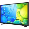 Telewizor z czarną ramką wyświetla kolorową grafikę z niebieskimi i zielonymi bąbelkami. Na ekranie widoczne są napisy "SAMSUNG" oraz "Full HD TV".