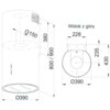 Schemat techniczny przedstawia okap o cylindrycznym kształcie z oznaczeniami wymiarów: średnica 150 mm i 390 mm, wysokość 380 mm oraz 800/900 mm. Widok z góry pokazuje dodatkowe wymiary: 228 mm, 235 mm i 430 mm.