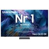 Telewizor z wyświetlonym na ekranie tekstem: "SAMSUNG Nr 1 NA ŚWIECIE Najczęściej kupowane telewizory od 19 lat Neo QLED 8K". W tle widoczna jest abstrakcyjna grafika w odcieniach niebieskiego i fioletowego.