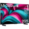 Telewizor z wyświetlaczem prezentującym abstrakcyjne wzory w kolorach różowym i niebieskim. Na ekranie widoczny jest tekst: "LG OLED evo AI", "Numer 1 OLED TV na świecie od 12 lat", oraz "2025".