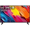 Telewizor z kolorowym, abstrakcyjnym wzorem na ekranie, z widocznym napisem "LG QNED AI 2025". Obudowa telewizora jest czarna, a ekran wsparty jest na dwóch nóżkach.