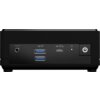 Czarny panel przedni komputera z widocznymi portami: dwa porty USB oznaczone jako "SS 10", port USB-C oznaczony jako "SS 10 D", gniazdo słuchawkowe oraz przycisk zasilania z ikoną. Obok portów znajduje się mała dioda oraz symbol mikrofonu i słuchawek.