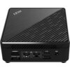 Czarny komputer o kompaktowej obudowie z logo "MSI" na górze, posiadający porty HDMI, DisplayPort, dwa porty Ethernet oznaczone jako "1G", dwa porty USB oraz gniazdo zasilania. Obudowa ma teksturę z ukośnymi liniami na górnej powierzchni.