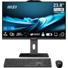 Na zdjęciu znajduje się komputer typu All-in-One marki MSI z ekranem o przekątnej 23.8 cala, na którym widoczne są różne ikony i napisy, takie jak "FULL HD 1920 X 1080", "DDR5", "100 Hz" oraz logo MSI. Przed monitorem umieszczona jest klawiatura i myszka, również z logo MSI.