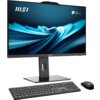 Na zdjęciu znajduje się komputer typu all-in-one z logo MSI na monitorze, klawiaturze i myszy. Ekran wyświetla abstrakcyjny, niebieski wzór oraz napis "PRO SERIES".