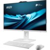 Na zdjęciu znajduje się komputer stacjonarny typu all-in-one z białą klawiaturą i myszką. Na ekranie widoczna jest grafika z niebieskimi falami oraz logo "MSI" i napis "PRO SERIES".