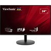 Monitor z czarną ramką i okrągłą podstawą, na ekranie widoczne logo "ViewSonic" oraz kolorowe ptaki, a także napisy: "120Hz", "IPS SuperClear", "Blue Light Filter" i "24"". Tło ekranu jest czerwone z geometrycznymi wzorami.