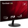 Monitor ViewSonic z czarną ramką i okrągłą podstawą, na ekranie widoczne są napisy: "ViewSonic", "120 Hz", "IPS SuperClear", "Blue Light Filter" oraz "24"". Tło ekranu jest czerwone z geometrycznymi wzorami.