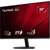 Monitor marki ViewSonic z czerwonym tłem na ekranie, na którym widoczne są napisy: "ViewSonic", "120Hz", "IPS SuperClear", "Blue Light Filter" oraz "24”". Na ekranie znajduje się również logo z trzema kolorowymi ptakami.