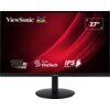 Monitor z czarną ramką i okrągłą podstawą, na ekranie widoczne logo "ViewSonic" oraz napisy: "100 Hz", "Eye ProTech", "IPS SuperClear", a także oznaczenie rozmiaru "27"". Tło ekranu jest czerwone z dynamicznymi wzorami.