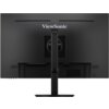 Czarny monitor z logo "ViewSonic" widocznym na tylnej obudowie, zamontowany na regulowanej podstawie. Obudowa monitora ma otwory wentylacyjne i porty po bokach.