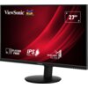 Monitor z czarną ramką i okrągłą podstawą, na ekranie widoczne logo "ViewSonic" oraz napisy: "FLICKER FREE", "IPS SuperClear", "BLUE LIGHT FILTER", a także oznaczenie rozmiaru "27"". Tło ekranu jest czerwone z dynamicznymi wzorami.