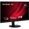 Monitor z czarną ramką i okrągłą podstawą, na ekranie widoczne logo "ViewSonic" oraz kolorowe ptaki, a także napisy: "100 Hz", "Eye ProTech", "IPS SuperClear" i "27"". Tło ekranu jest czerwone z dynamicznymi liniami.