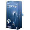 Pudełko w kolorze niebieskim z białymi napisami zawiera tekst: "Satisfyer Spinning G-Spot 1". Na opakowaniu widoczny jest obrazek niebieskiego masażera oraz ikony z napisami "Rotation", "Vibration", "Silicone" i "Rotating Shaft".