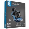 Opakowanie słuchawek dousznych CELLULARLINE Pure w kolorze czarnym, z dużym napisem "MULTIPOINT" na środku. Na opakowaniu znajdują się ikony i napisy: "MULTIPOINT CONNECTION", "EASY PICK & DESIGN", "X4 FOUR MICS", "CLEAR CALLS", oraz logo Bluetooth.