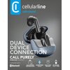 Na zdjęciu widoczne są czarne słuchawki douszne w etui, z logo "cellularline call+sound" oraz napisami: "DUAL DEVICE CONNECTION", "CALL PURELY", "WIRELESS HEADSET", "COMPATIBLE WITH: Bluetooth", "MULTIPOINT TECHNOLOGY", "NOISE-FREE CALLS", "EASY PICK DESI