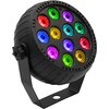 Czarny reflektor LED z dwunastoma kolorowymi diodami w różnych barwach, zamontowany na uchwycie. Diody świecą w kolorach czerwonym, zielonym, niebieskim, fioletowym i żółtym.