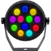 Na zdjęciu widoczny jest reflektor LED z dwunastoma okrągłymi diodami w różnych kolorach: żółtym, niebieskim, zielonym, czerwonym i fioletowym, umieszczony na czarnym uchwycie. Diody są równomiernie rozmieszczone w okrągłej obudowie reflektora.