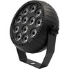 Czarny reflektor LED z dwunastoma okrągłymi diodami umieszczonymi w okrągłej obudowie z uchwytem montażowym. Obudowa ma żebrowaną powierzchnię i widoczny jest element mocujący z pokrętłem.