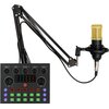 Na zdjęciu znajduje się zestaw do streamingu i karaoke, składający się z mikrofonu na regulowanym ramieniu oraz panelu sterującego z różnymi pokrętłami i przyciskami. Na panelu widoczne są napisy: "TREBLE +", "BASS +", "Accompany", "Record", "Monitor +", 