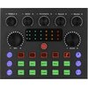 Czarny panel sterowania z sześcioma pokrętłami oznaczonymi jako "TREBLE", "BASS", "Accompany", "Record", "Monitor", "MIC" i "ECHO", oraz przyciskami z różnymi etykietami, takimi jak "EMC", "Pro", "Pop", "Karaoke", "Cheer", "Din", "9277", "Kiss", "PUBG", "