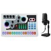 Na zdjęciu znajduje się zestaw do streamingu i karaoke MUSICMATE MM-SD250 VibeCast, składający się z konsoli z wieloma pokrętłami, przyciskami i kolorowymi wskaźnikami LED oraz mikrofonu na statywie. Na konsoli widoczne są napisy takie jak "Mic Volume", "