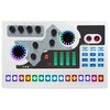 Na zdjęciu znajduje się panel sterowania urządzenia audio z różnymi pokrętłami i przyciskami, w tym oznaczenia takimi jak "Total Mic Volume", "Mic Treble", "Mic midrange", "Mic Bass", "Dodge speed", "Recording", "Musical instrument", "Accompaniment", oraz