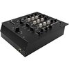 Czarny mikser audio z kilkoma białymi i czarnymi pokrętłami oraz suwakami, oznaczony jako "MUSICMATE MM-DJ200 MixMaster". Na panelu widoczne są różne oznaczenia i wskaźniki, w tym gniazdo słuchawkowe.