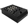 Czarny mikser audio z kilkoma białymi i czarnymi pokrętłami oraz suwakami, oznaczony jako "MUSICMATE MM-DJ200 MixMaster". Na panelu widoczne są różne oznaczenia i przyciski, w tym wskaźniki LED oraz złącza.