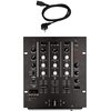 Czarny mikser audio z różnymi pokrętłami i suwakami, oznaczony jako "Mikser audio MUSICMATE MM-DJ200 MixMaster", z widocznymi etykietami takimi jak "MIC TREBLE", "MIC BASS", "TREBLE", "MID", "BASS", "GAIN", "MASTER", "CUE GAIN" oraz wskaźnikiem LED. Obok 