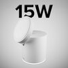 Biała ładowarka indukcyjna o cylindrycznym kształcie z widocznym logo "sbs" na dolnej części, z dużym napisem "15W" umieszczonym nad nią. Produkt ma gładką powierzchnię i jest przedstawiony na szarym tle.