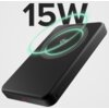 Czarny powerbank z okrągłym wzorem na powierzchni, z napisem "15W" nad nim. Na urządzeniu widoczny jest symbol ładowania bezprzewodowego.
