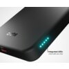 Czarny powerbank z logo "sbs" na powierzchni, posiadający port oznaczony jako "TYPE-C" oraz cztery świecące diody LED. Obok diod znajduje się napis: "Integrated LEDs check with one click".