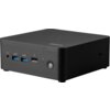 Czarny, kompaktowy komputer z logo MSI na górnej powierzchni, posiadający na przednim panelu dwa porty USB oznaczone jako "SS" z symbolem 10, jeden port USB, gniazdo słuchawkowe oraz przycisk zasilania z niebieską diodą.