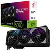 Pudełko karty graficznej z napisem "ROG STRIX GAMING" oraz "GeForce RTX 5070 Ti" znajduje się za samą kartą graficzną, która ma trzy wentylatory z podświetleniem RGB. Na pudełku widoczne są również logotypy "Republic of Gamers", "OC Edition", "16GB" oraz 