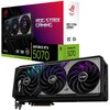Pudełko karty graficznej z napisem "ROG STRIX GAMING Graphics Card" oraz "GeForce RTX 5070" w kolorach czarnym, białym i zielonym. Obok znajduje się sama karta graficzna z trzema wentylatorami, na których widnieje logo producenta.