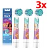 Na zdjęciu widoczne są trzy końcówki szczoteczki do zębów z motywem księżniczek oraz opakowanie z napisem "Oral-B Disney Princess Kids ab 3 Jahren" i dużym czerwonym napisem "3x". Opakowanie zawiera również tekst "extra weich, sanft zum Zahnfleisch, stark
