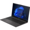 Laptop z czarną klawiaturą i touchpadem, z wyświetlaczem pokazującym ekran startowy systemu Windows 11 z ikonami aplikacji. Na obudowie widoczne jest logo HP.