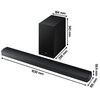 Na zdjęciu znajduje się czarny soundbar oraz subwoofer. Obok produktów widoczne są wymiary: soundbar ma 1030 mm długości, 59,4 mm wysokości i 105 mm głębokości, a subwoofer ma 184 mm szerokości, 343 mm wysokości i 295 mm głębokości.