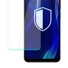 Na zdjęciu widoczny jest telefon z wyświetlaczem, na którym znajduje się niebieski wzór z białą tarczą ochronną. Obok telefonu umieszczone jest przezroczyste szkło ochronne.