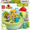 Na zdjęciu znajduje się zestaw klocków LEGO DUPLO o nazwie "10441 Shape Sorter: Puppy House" z widocznym logo LEGO. Na opakowaniu widnieją kolorowe klocki w kształcie domku i szczeniaczka oraz napisy: "CREATIVE SOLUTIONS", "LEARN PATIENCE", "LEARN SPATIAL