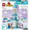 Opakowanie zestawu LEGO 10455 DUPLO przedstawia lodowy zamek z wieżą, w której znajduje się figurka. Na opakowaniu widnieje logo LEGO, napis "Disney FROZEN", oraz informacje "2+ 54 pcs" i "batteries included".
