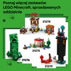 Na zdjęciu widoczne są cztery zestawy klocków LEGO Minecraft, każdy oznaczony numerem: 21278, 21275, 21276 i 21279. Na zielonym tle znajduje się tekst: "Poznaj więcej zestawów LEGO Minecraft, sprzedawanych oddzielnie".