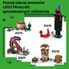 Zielone tło z białym prostokątem, na którym znajdują się cztery zestawy LEGO Minecraft z numerami: 21275, 21277, 21278 i 21279. Na górze widnieje tekst: "Poznaj więcej zestawów LEGO Minecraft, sprzedawanych oddzielnie".
